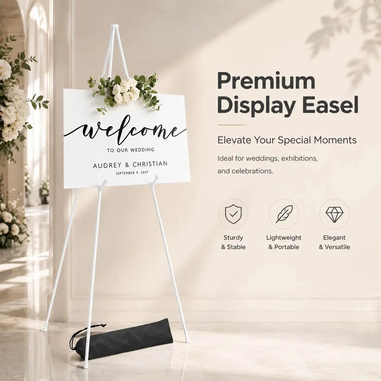Foldable Metal Tripod Display Stand, Lightweight Stable Sign Holder with Storage Bag, Ideal for Weddings, Exhibitions, Parties