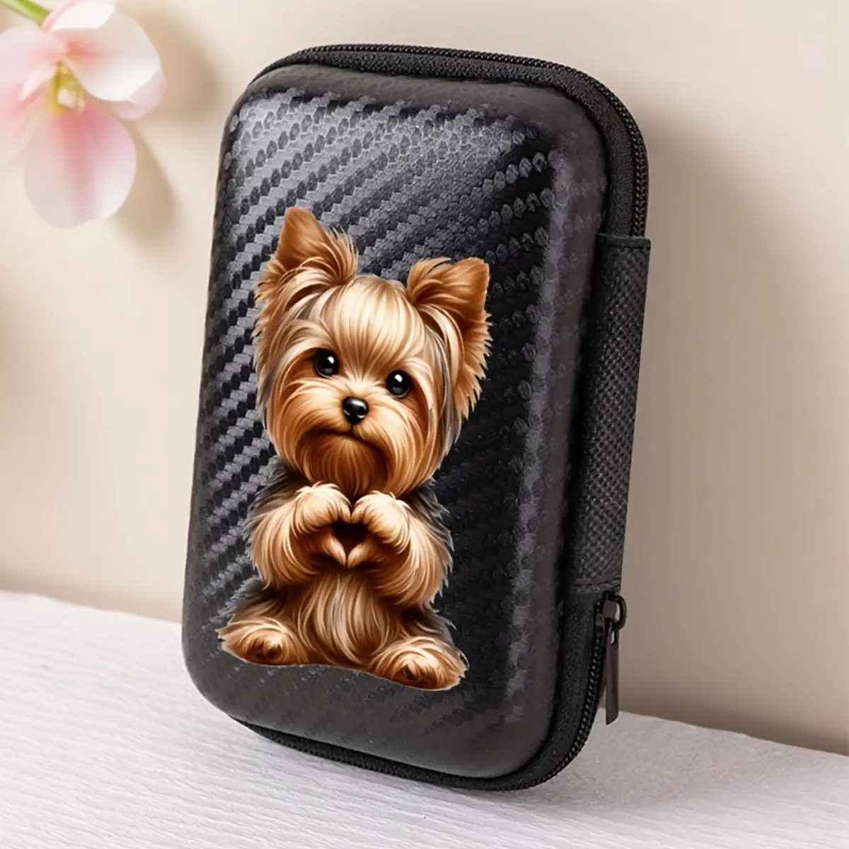 1 cute Yorkshire pattern printed storage box with mesh pocket and compact design - cable/headphone/charger/card/small accessory storage box, suitable for office, travel, enthusiasts - durable and portable accessory organizer