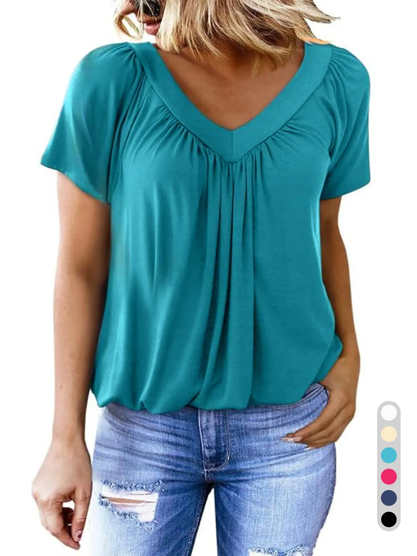 Summer V-Neck Short Sleeve Top: Relaxed Fit with Gathered Detail | Chic Urban Loungewear for Travel, Home & Daily Wear