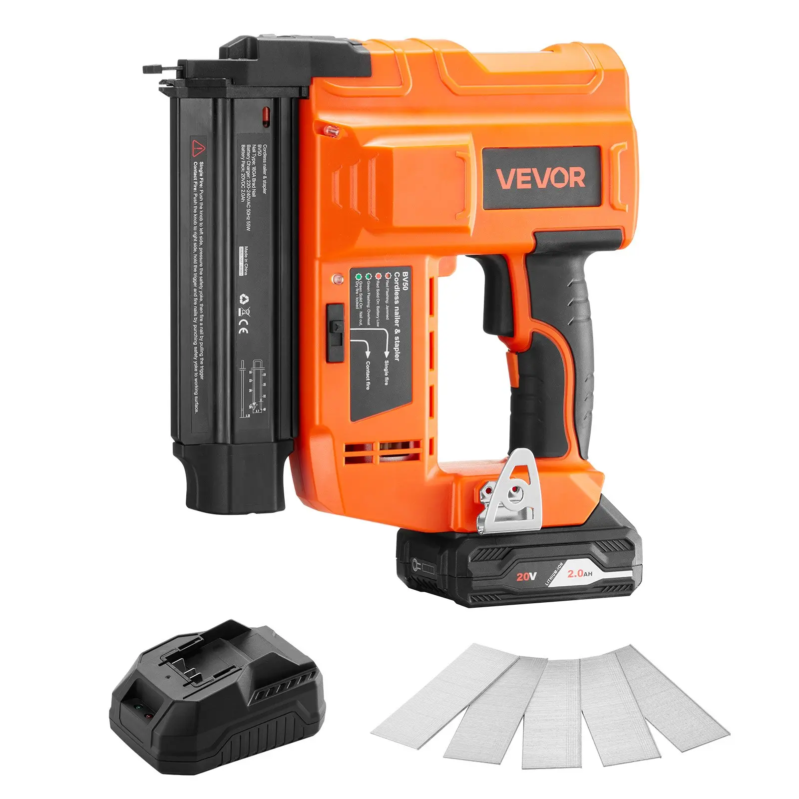 VEVOR 18 Gauge Cordless Brad Nailer, 20V Power Cylinder Drive Woodworking Tools with 2.0 Ah Li-ion Battery, Charger, 500 Pcs Nails, Depth Adjust for Woodworking, Home Improvement Projects