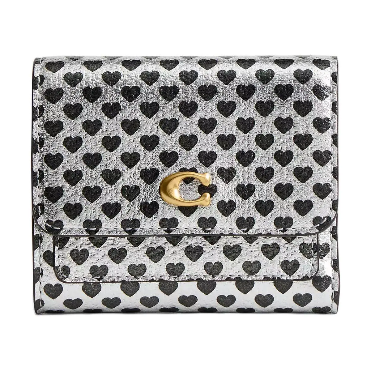 COACH Mila Heart-Pattern Leather Wallet for Women, Small Size, Silver and Black