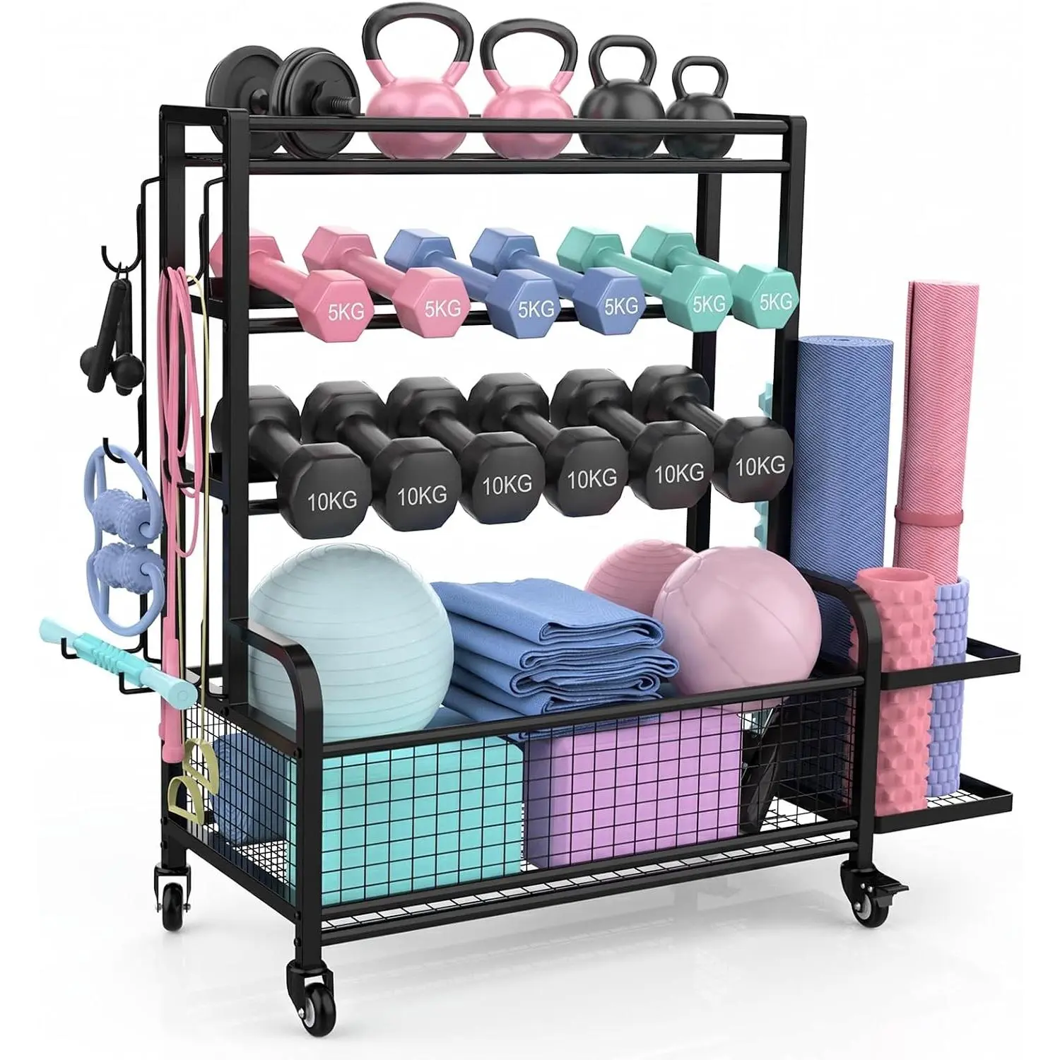 Dumbbell Rack,4-Tie Weight Rack for Dumbbells and Kettlebells, -in-  Gym Storage Organizer with Wheels and Hooks, Steel Workout Equipment Storage for Yoga Mats and Exercise Balls, Black