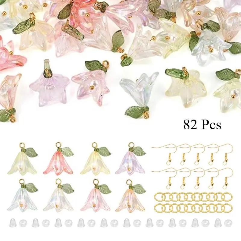 82pcs Acrylic Lily Shape Flower Bead Beading Kits with Earring Findings, DIY Jewelry Making Supplies for Necklaces & Earrings, Spring Saint Patrick's Day Decorative Crafts