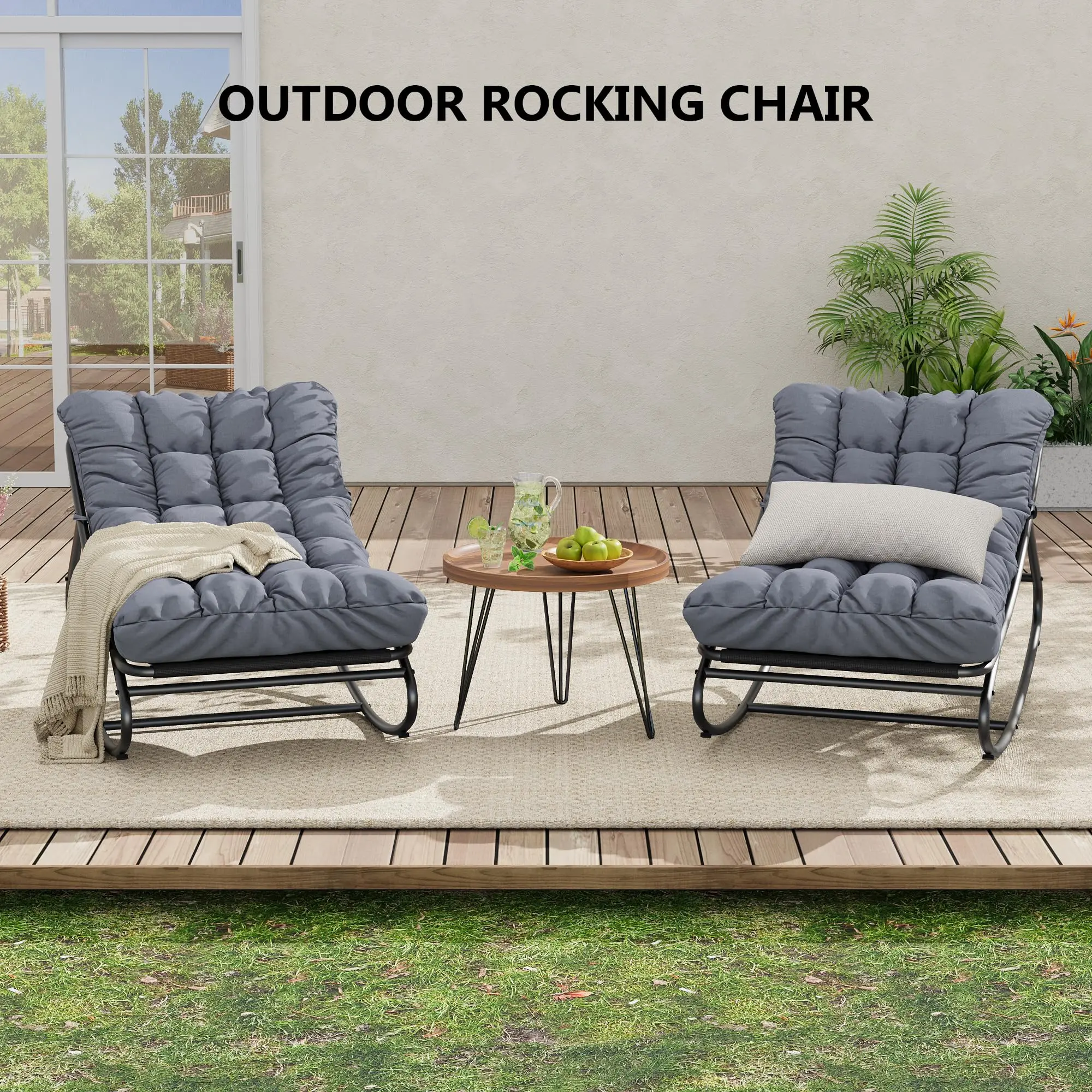 YJ-Garvee 2 Pcs Outdoor Rocking Papasan Chairs with Comfortable Removable Cushions, Sturdy Metal Frame, and Padded Seat for Patio, Garden, Nursery, and Living Room Lounging