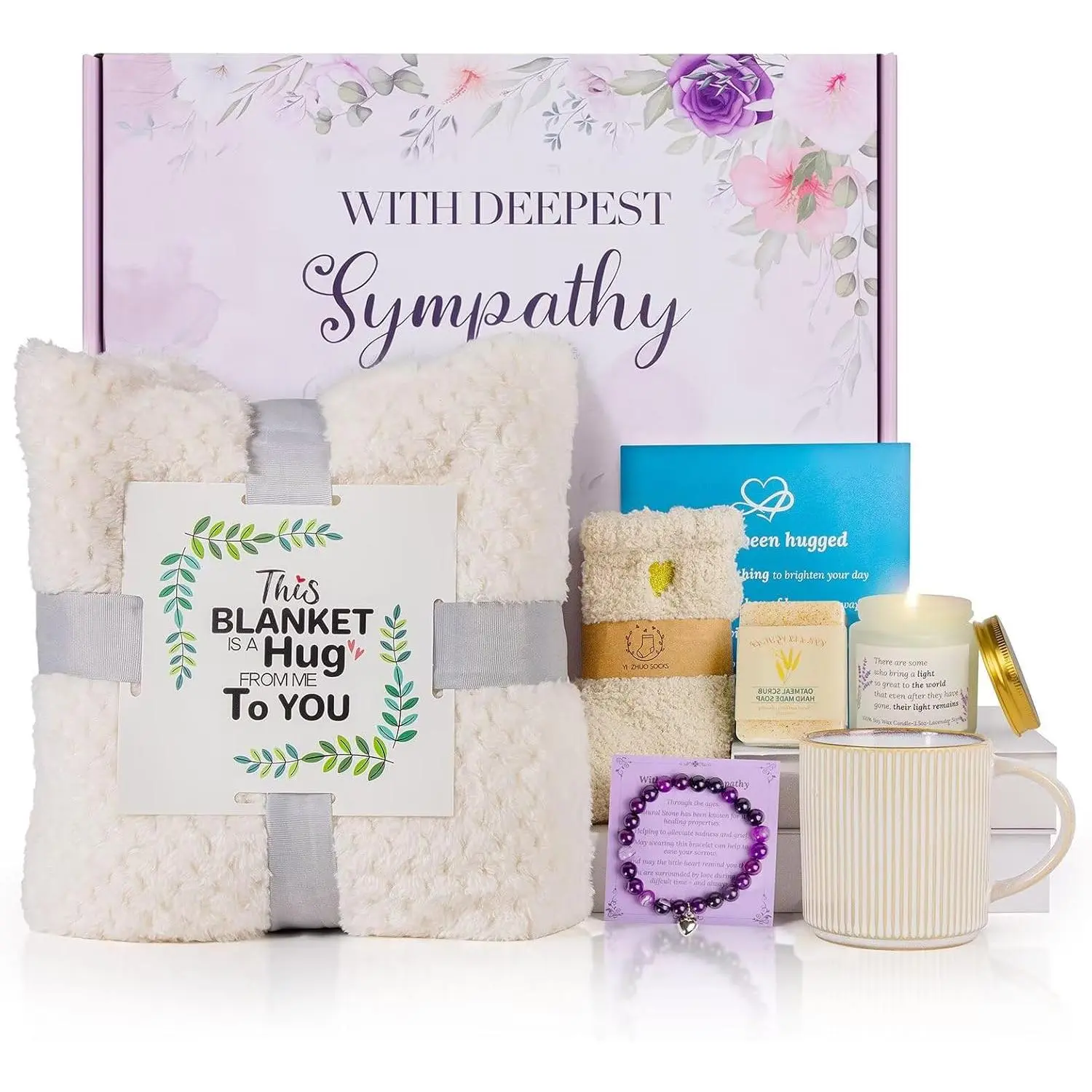 Sympathy Basket Care Package with Synthetic Cup, Flannel Item & Lavender Scent - Warmth-Focused Bereavement Gift for Loved Loss, Miscarriage Condolences for Mom, Women, Condolence Gift