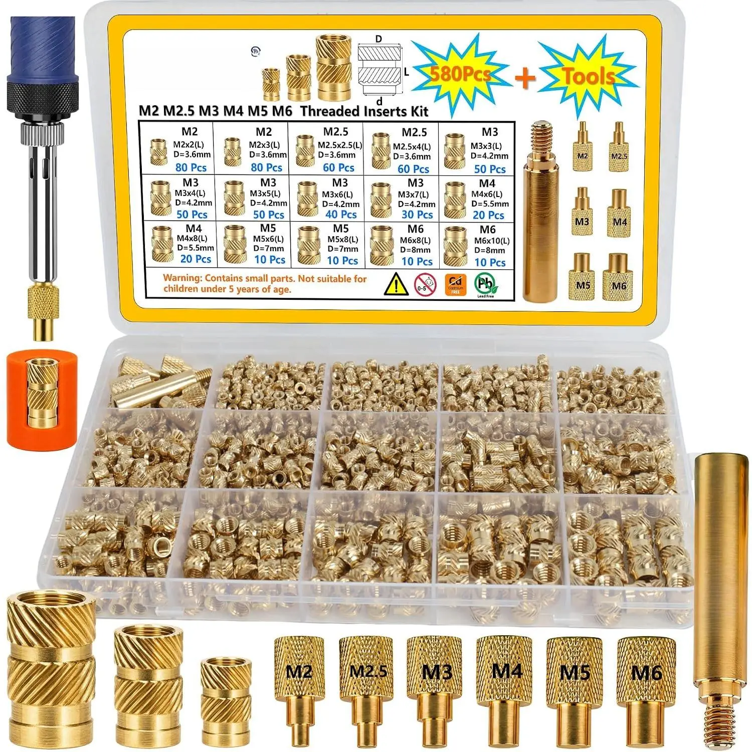 580+7PCS Metric Brass Heat Set Knurled Threaded Inserts Kit with Tool, M2-M6 Sizes, for 3D Printing Components, Plastic DIY Projects (inserts + tool)