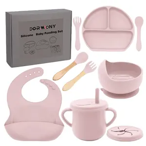 100% Silicone BPA Free Baby Feeding Set, with Suction Bowl Divided Plate Spoons Forks Sippy Cup Bib, Toddler Self Feeding Baby Eating Utensils (Lilac)