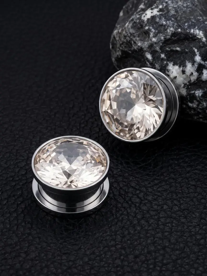 2pcs Simple Style stainless steel  Zircon Ear tunnles plugs, punk Design Unisex Earrings Jewelry Gift, Casual All-Season Accessory for Daily Wear Ear Studs, Sparkling Zircon Inlay Earring