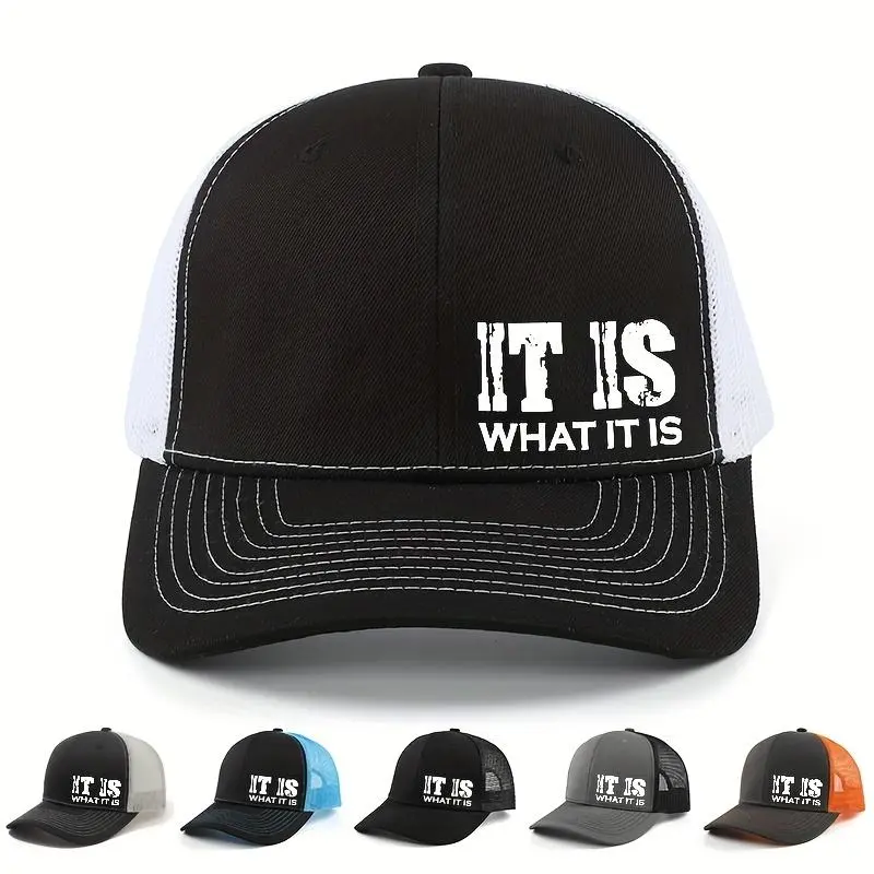 Text Print Polyester Mesh Trucker Hat - Adjustable Size, Structured Crown, Breathable, Unisex Sun Protection Cap for Casual Outdoor Use