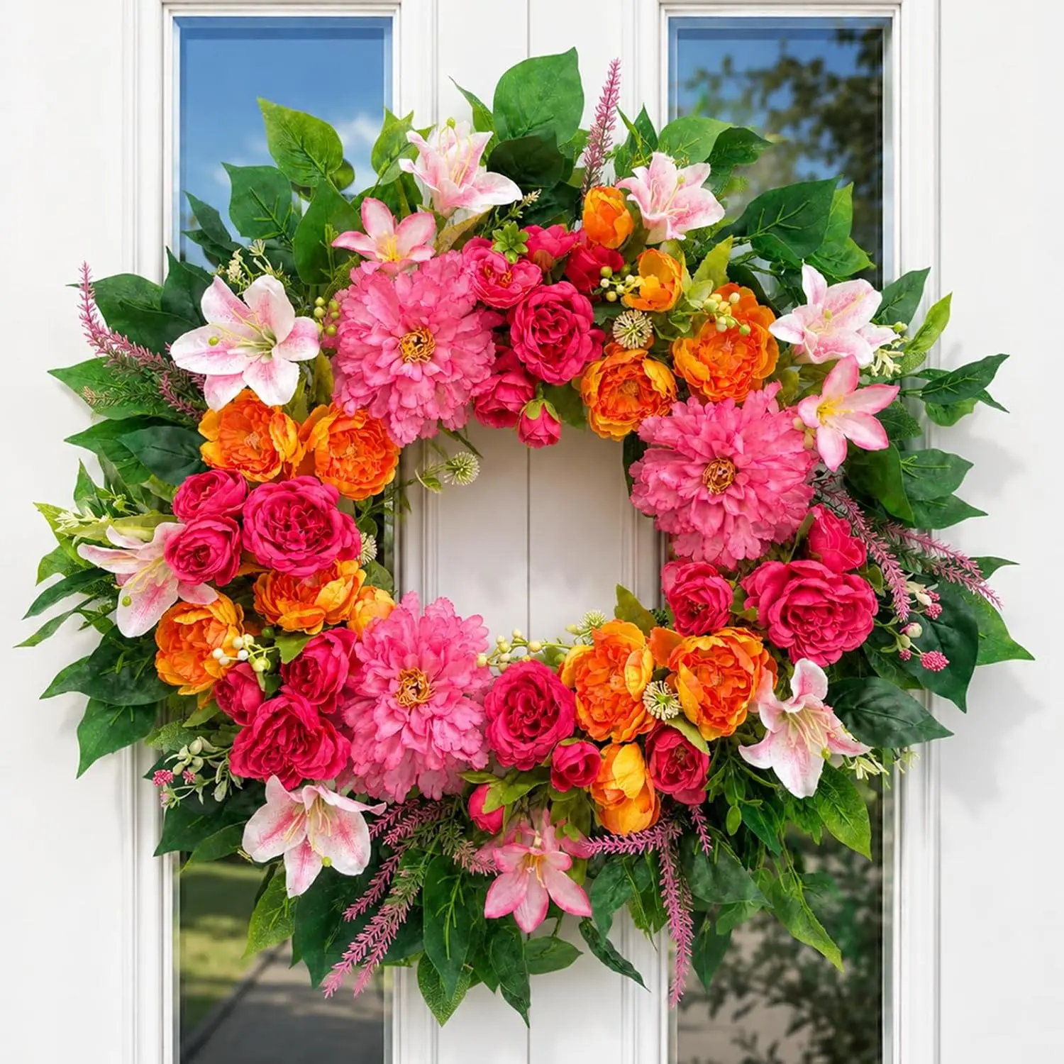 24-Inch Artificial Spring Floral Wreath, Full & Lush Peony-Rose-Hibiscus-Lily Decorative Wreath for Front Door, Farmhouse Home Wall Decor, Floral Gift for Summer, Flowers