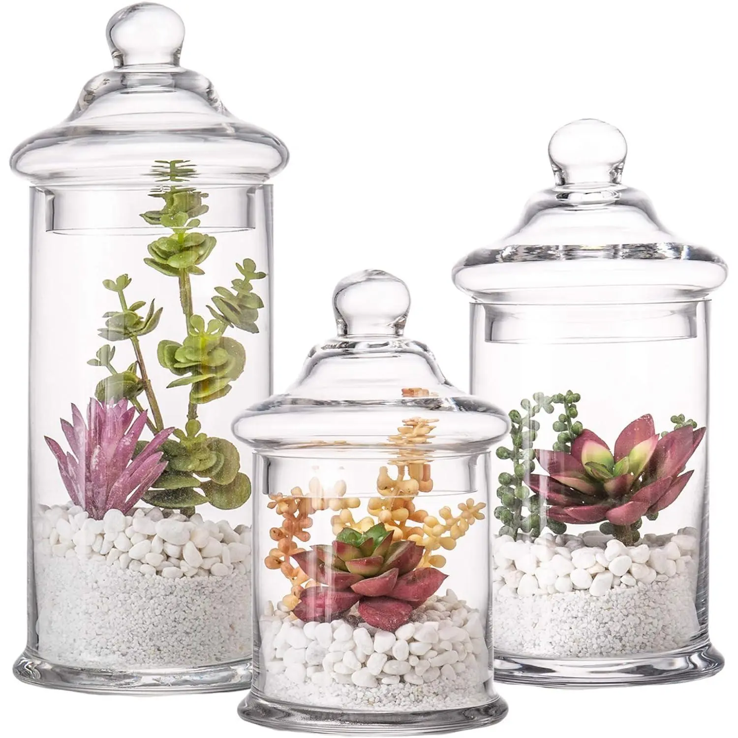 Traditional Christmas Decorative Glass Airtight Apothecary Jars with Lids - 3-Piece Canister Set (11in, 8.5in, 7.5in Heights) - Pet Supply Storage with Scoop, Kitchen Containers for Coffee, Qtips, Vanity Home Organization Mother’s Day Gift
