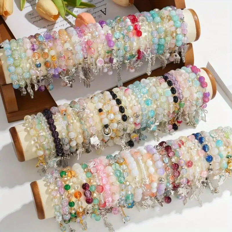 Women's 10/30-Piece Boho Style Bangles Set, Layered Glass Bead Stretch Charm Bracelets with Floral, Heart & Butterfly Charms, Bohemian Beaded Detail Bracelets & Bangles, Elegant Jewelry Gift, Bohemian Bracelets