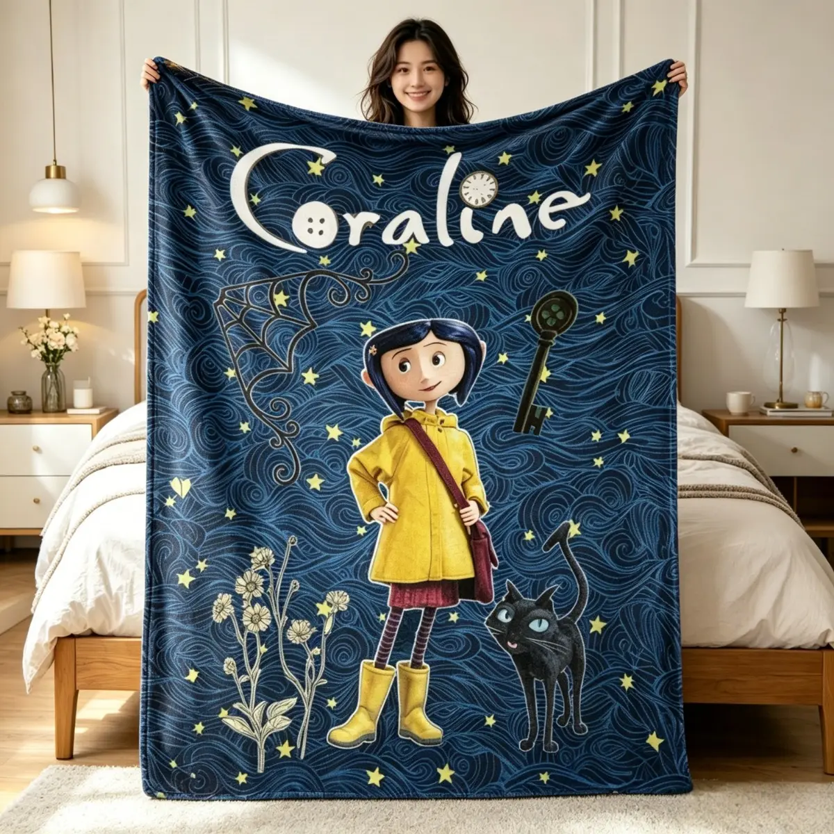 2D Movie Themed Flannel Blanket - Coraline Jones & Black Cat Art Throw, Coraline Artwork Blankets for Fans, Home Decor Use
