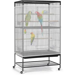 Bird Cage Seed Catcher, 90-118'' Universal Birdcage Net Nylon 31.8'' H Adjustable Elastic Band Stretchy Skirts Mesh Cover for Parrot Cage Seed Guard (Not Include Birdcage) White