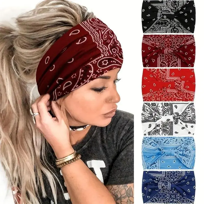 Women's Elastic Paisley Printed Bandana Headband, Pre-Styled Front Twist Crossover, Lightweight Sweat-Wicking Sports Headband for Yoga Enthusiasts, All Season Wide Knotted Boho Heritage Palette Assorted Bundle, Gym Headband, Workout Headband tiktokshopbac