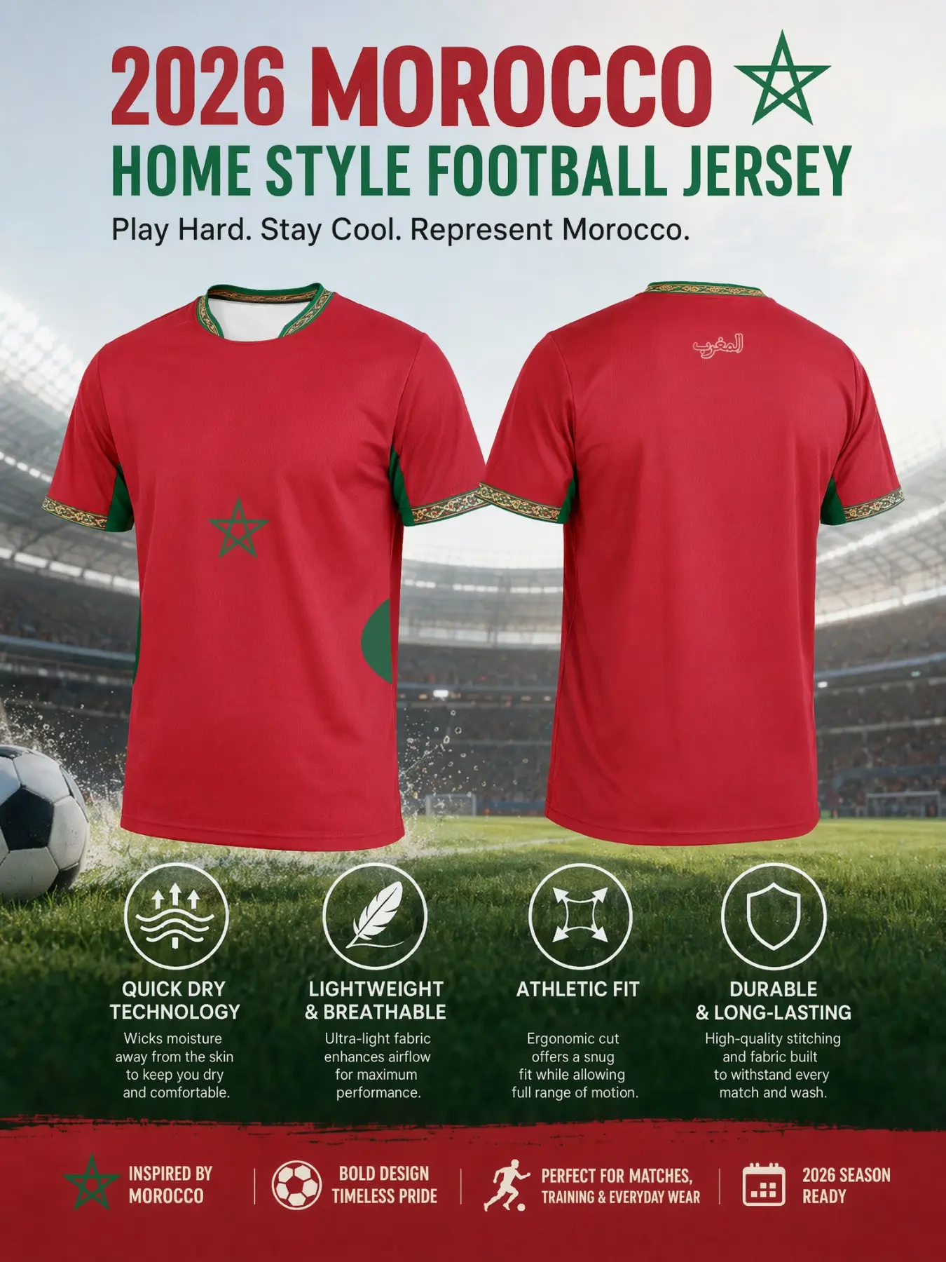Morocco Home Soccer Short Sleeve Jersey Men's Mesh T-Shirt, Quick-Dry Breathable Round Neck, Traditional Pattern, Training & Running
