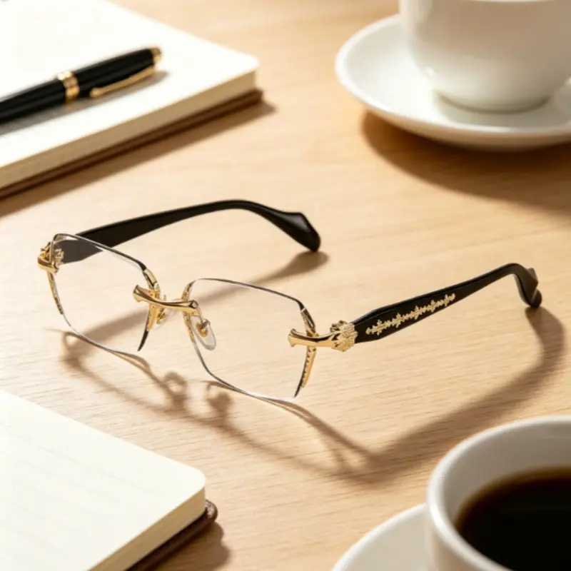 Frameless high-definition glasses, borderless visual glasses, clear lenses, diamond-cut edges, stainless steel stylish temple decorations, unisex adult everyday accessory