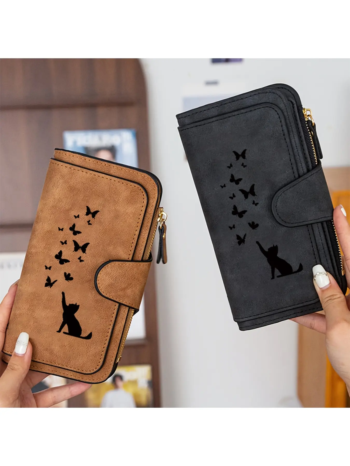 Cat and butterfly silhouette pattern decoration, unique women's hand-held wallet, multi slot design for women's long wallet, elegant and simple style, suitable as a birthday gift/Halloween gift/Christmas gift, Wallet Cute