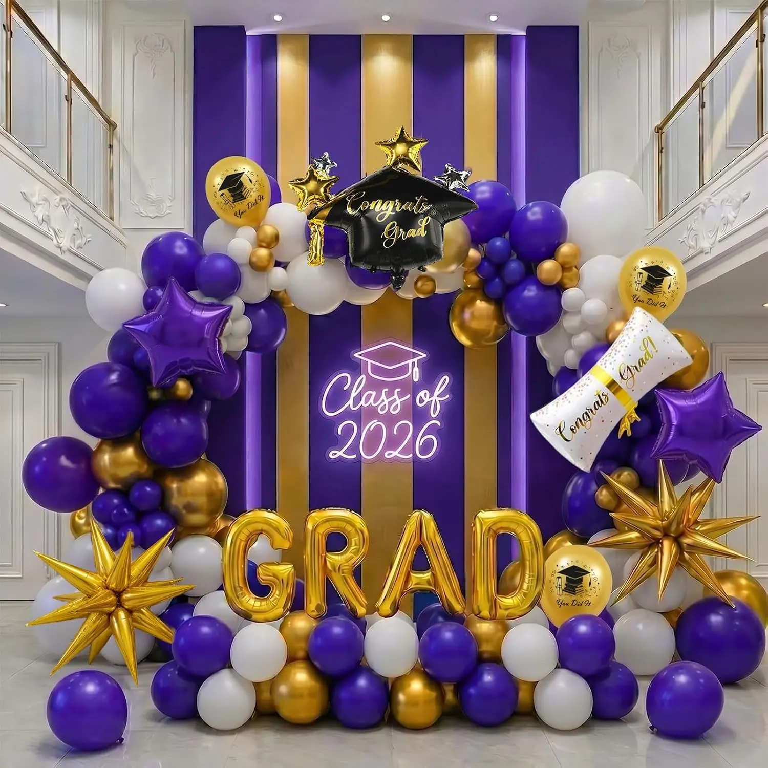 2026 Graduation Decorations Purple Gold White - 115Pcs Balloon Arch Kit with Certificate & Star Foil Balloons, Class of 2026 Graduation Party Supplies for College, High School Grad Prom Decor
