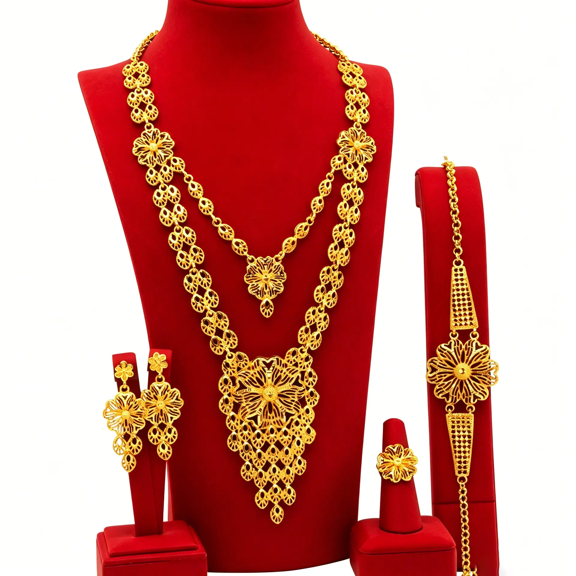 Women's 24 Copper Alloy 4-Piece Bridal Set - Dubai-Inspired Floral Hollow Lace Filigree Jewelry, Adjustable Extension Chain, 3-Tier Cascading Flower & Bead Tassel Pendant, Drop Earrings, Bracelet, Ring for African Brides
