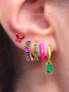 5Pcs Perfect 24K Gold Plated Cubic Zirconia Butterfly Stud Earrings Set For Women Colorful Zircon Hoop Earrings Pack Drop Dangle Earrings Stack