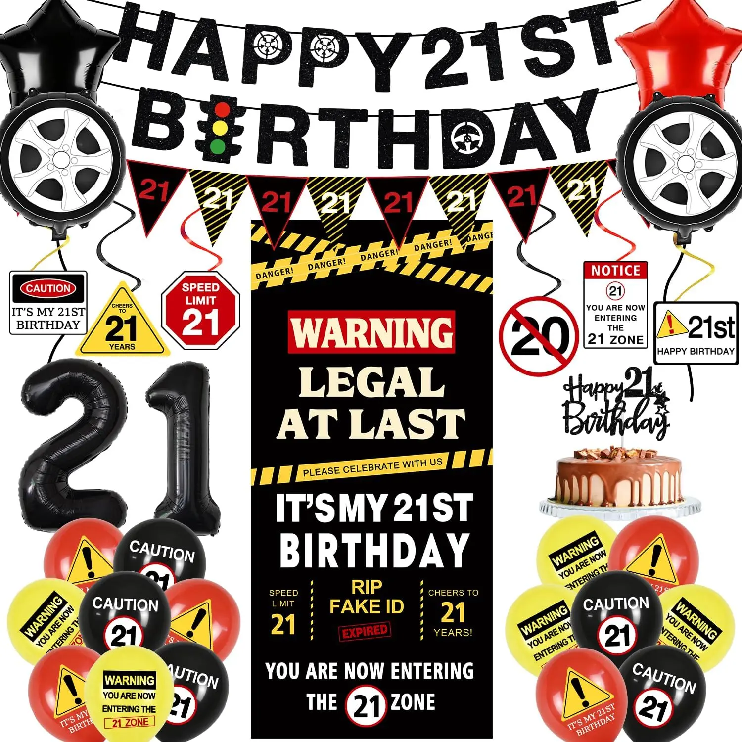 Black Caution Themed 21st Birthday Complete Decorations Set - Star Cloth Backdrop, Shiny Balloons, Banner, Door Decor & Gifts for 21-Year-Old Men/Women Festive Party Supplies, Birthday Party