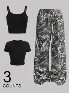 3 pieces, women's Y2K American solid color suspender+solid color tight short sleeved+tree patterned camouflage pants three piece set, functional street style, side pocket details, summer daily home commuting, dating, sports outfit