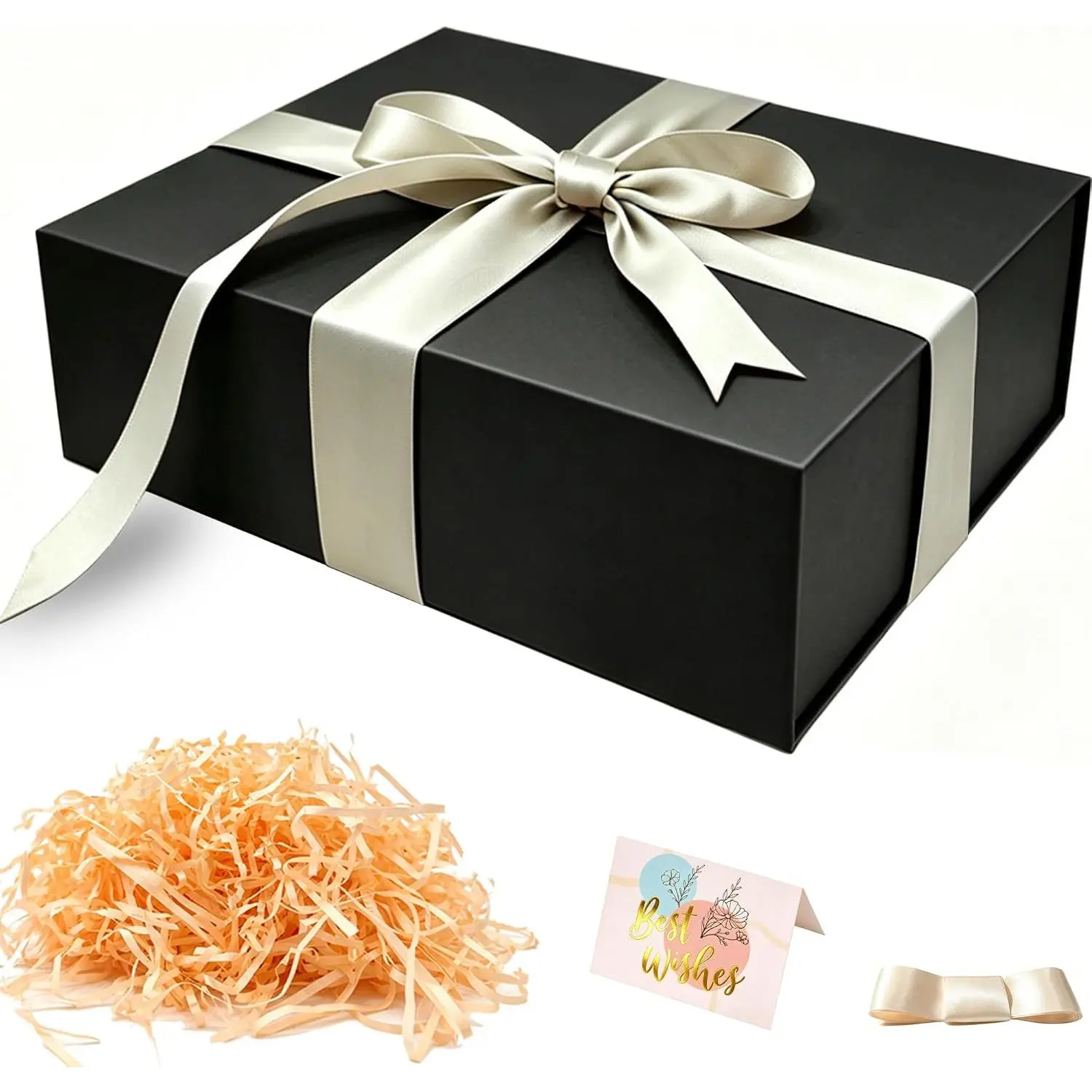 Boxes 9×6×3 in with  , Satin Ribbon, Paper Filler, Greeting Cards, Rigid Cardboard  Box that Forms Within 3 Seconds for Birthday, Wedding, Christmas, Holiday, Graduations, Storage