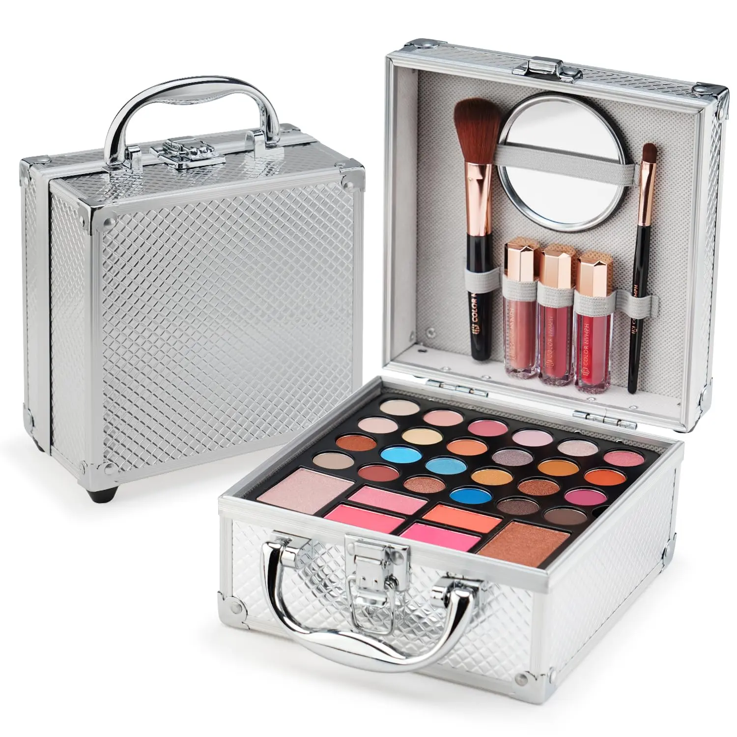 Color Nymph Beginner Makeup Kits For Teens With Train Case Included Full Makeup Kit Eyeshadow Palette Blushes Bronzer Highlighter Lipstick Brushes Mirror(Silver)| Versatile Colors & Buildable Beginner-Friendly, Gentle for Teen Girls Daily Part