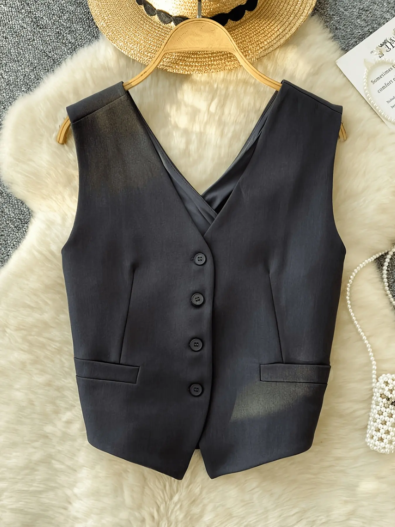 Women's Fashion Cross Back Blazer Vest Solid, Short Fit Jacket, Casual Office Wear, Trendy Ladies' Outerwear, Stylish Business Attire