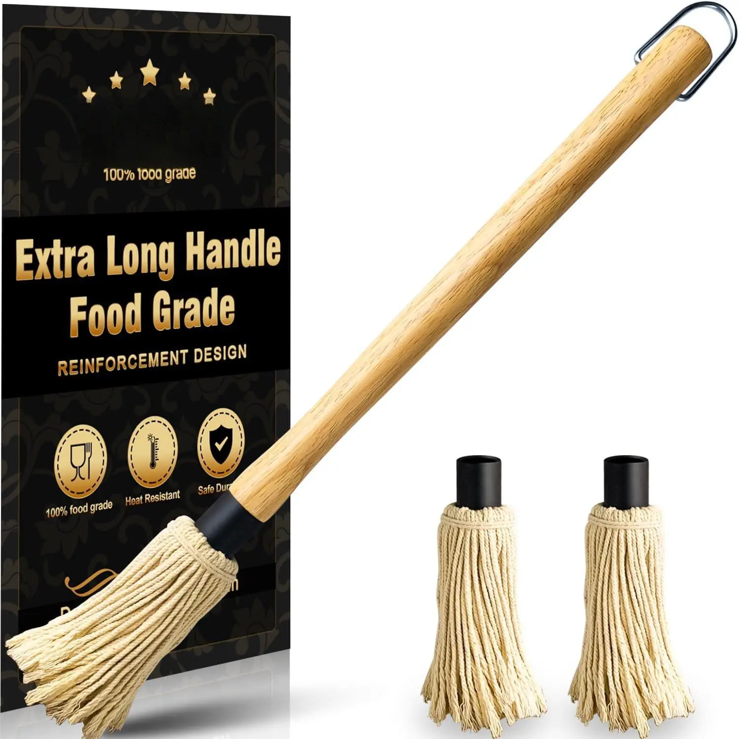 18-in BBQ Sauce Mop Brush Set - Wooden Long Handle, 3 Replaceable Synthetic Heads, Barbecue Utensils That Absorbs Large Amounts of Sauce for Grilling, Steak, Meat