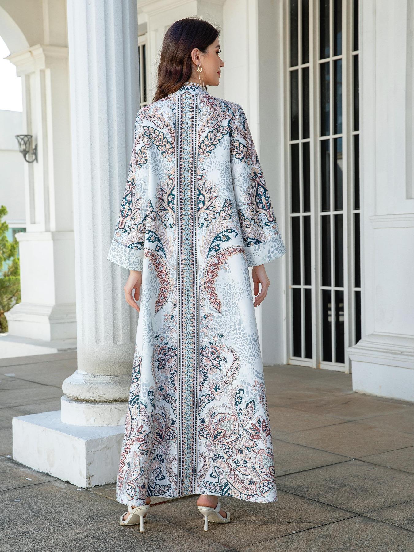 Women's V Neck Long Dress, All-Season Loose Fit A-Line Jalabiya, Long Sleeve, Soft 75D Stretch Fabric, Elegant Arabic Clothing