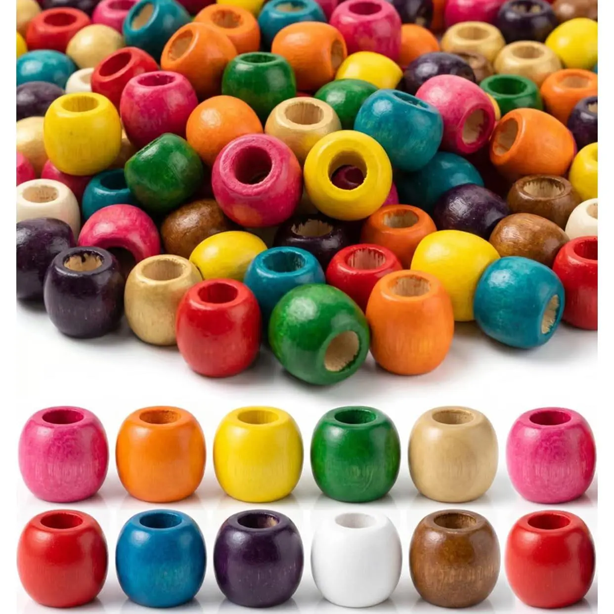 200 count 16mm Large Hole Wooden Beads for Crafts, Barrel Shape (10 Colors) | 7mm Large Hole ·   · Barrel Shape · For Macrame, Garland, Hair Braids, Keychains & DIY  Making
