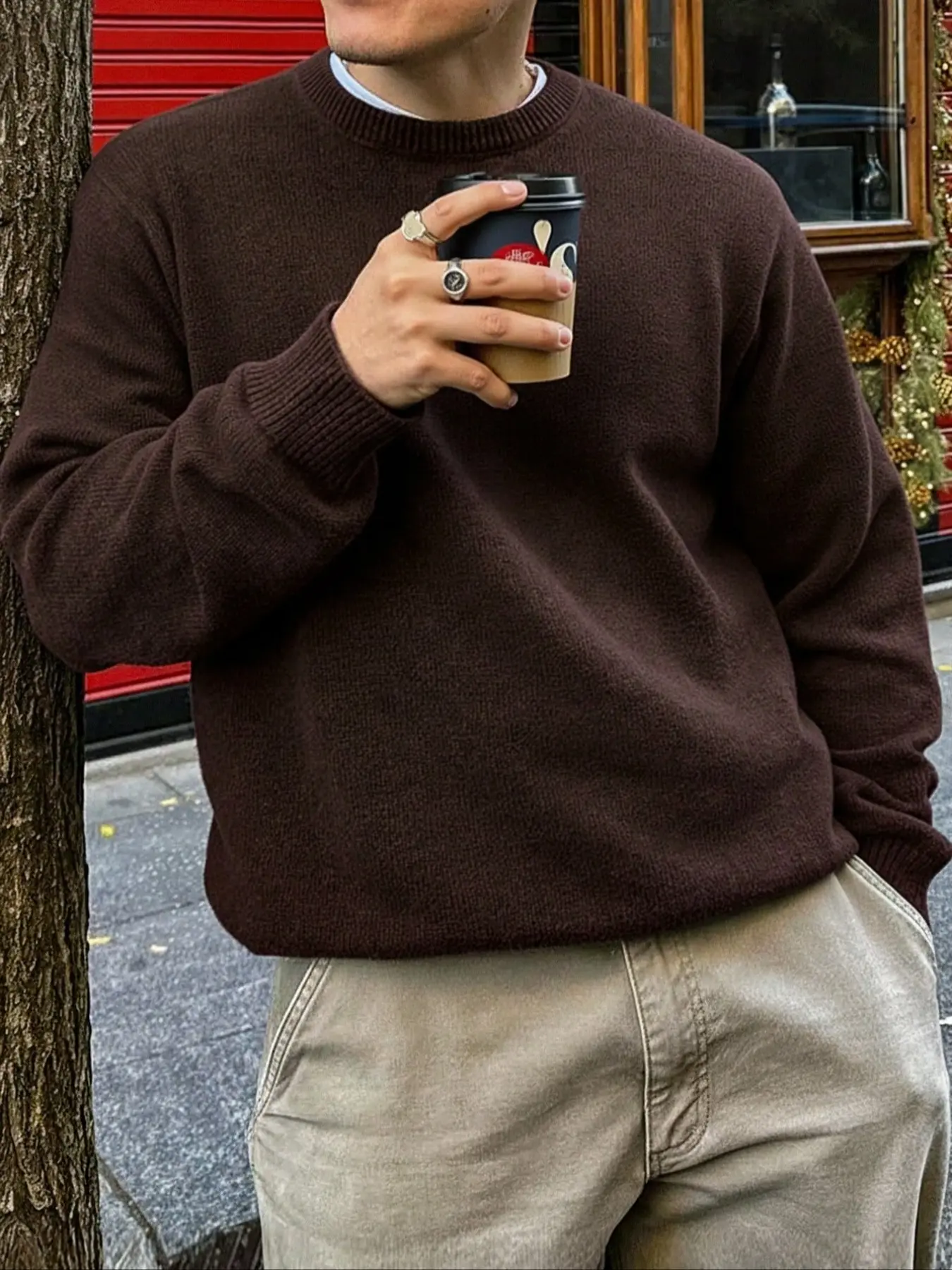 Men's Autumn Winter Casual Loose Knit Pullover, Menswear Long Sleeve Round Neck Knitwear Sweater, Plain Color High-End Daily Wear, Comfortable Fit, Classic, Knitted Clothes