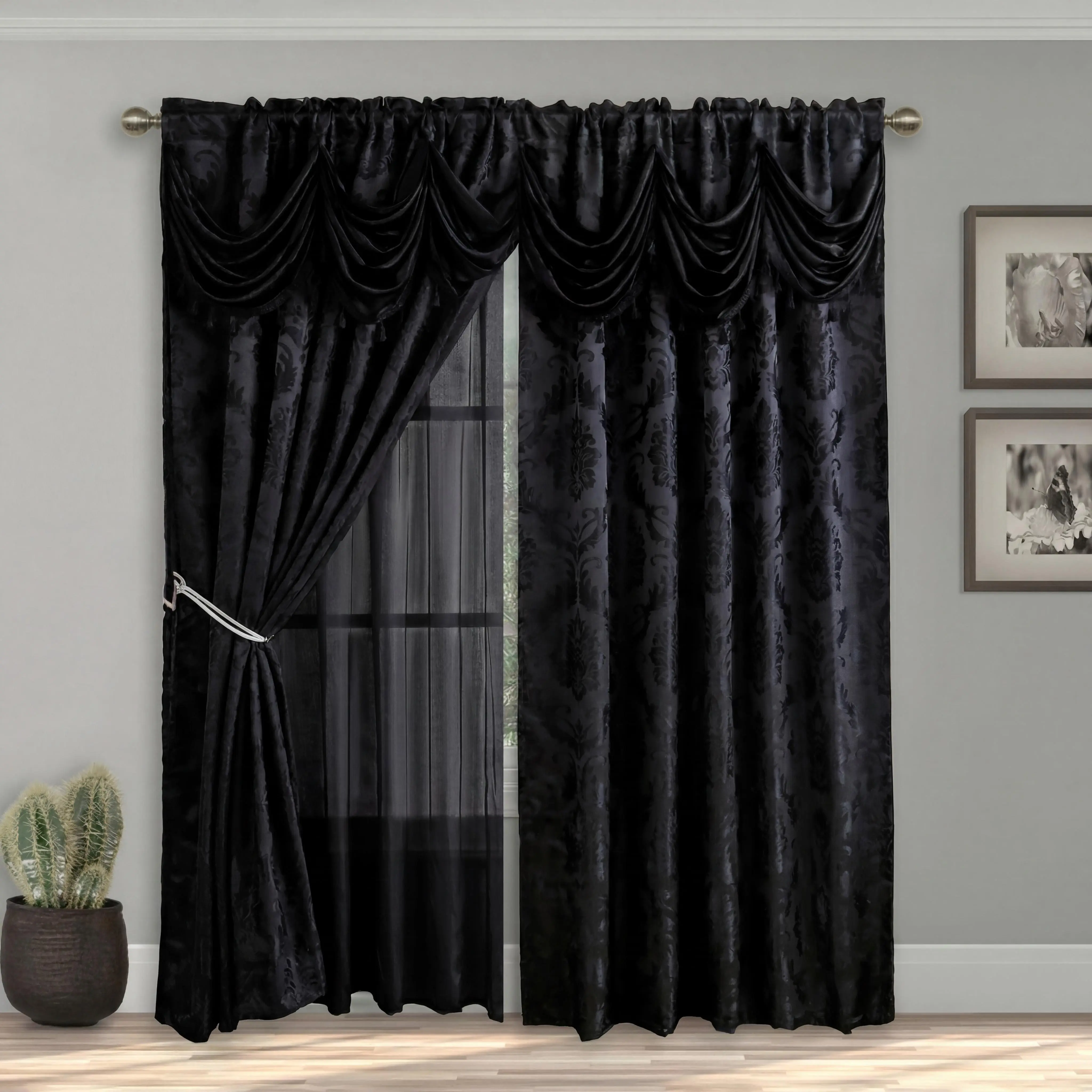 Premium Double Layer Jacquard Rod Pocket Blackout Curtains - 2-Panel 52"x84" Set with Crochet Waterfall Valance, Soft, Wrinkle-Resistant, Anti-Shrink, Durable, Solid Indoor Home Accessory for Bedrooms, FT7777