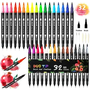 32 Colors Duo Tip Brush Markers Art Pen Set, Artist Fine and Brush Tip Colored Pens, for Adult Coloring Books Christmas Cards Drawing, Note taking Lettering Calligraphy Journaling