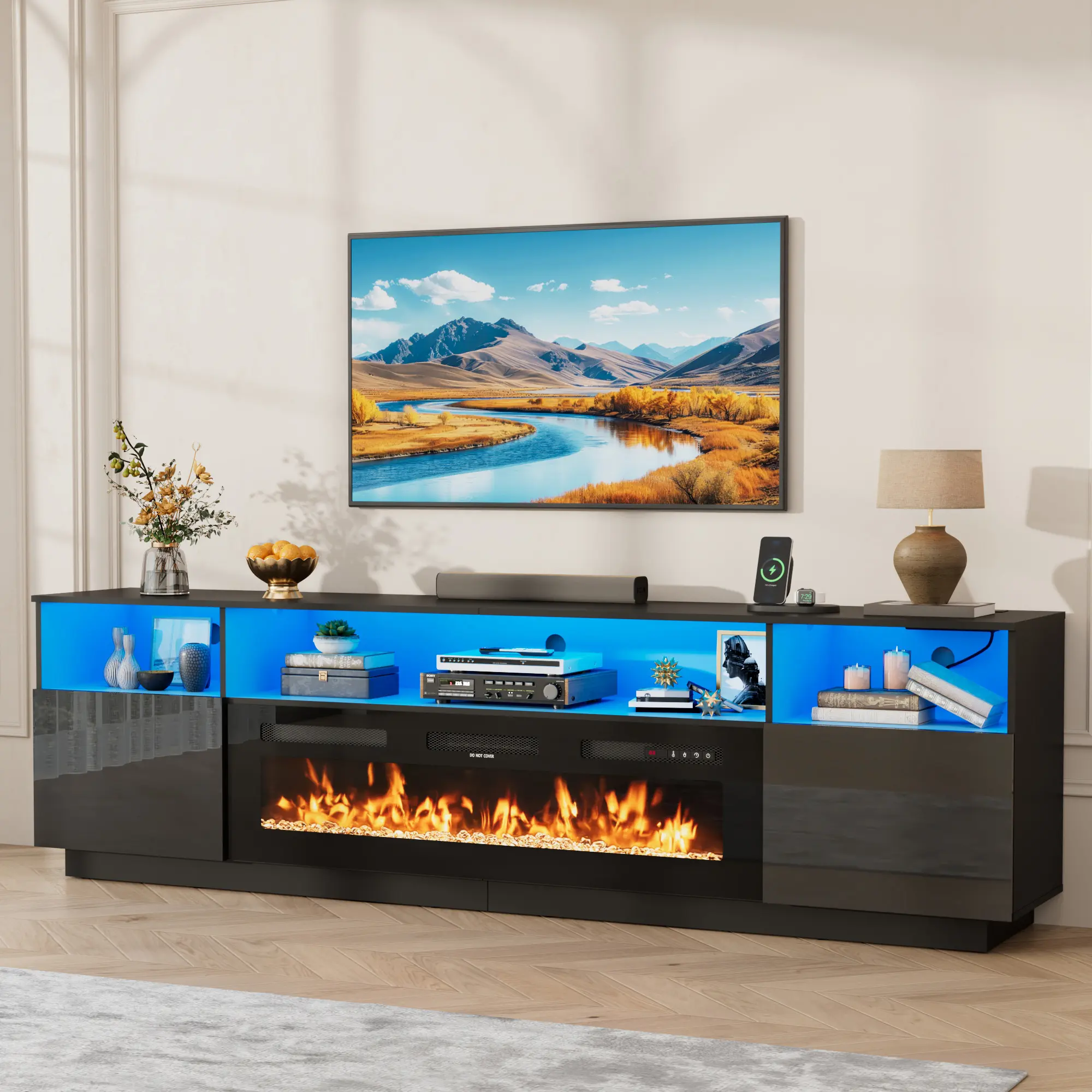 80"/90" Fireplace TV Stand with  Electric Fireplace, RGB LED Lights, Storage Cabinets, Power Outlet