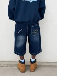 Men's New Fashion Washed Pocket Embroidered Denim Shorts, Casual Loose Fit, Spring Summer Mid-Length Jeans, Five-Pocket Pants