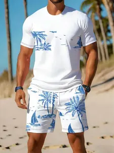 Men's Summer Set Short Sleeve Fitted Tee + Matching Printed Beach Shorts, Blue Palm Sail Tropical Pattern, Casual Vacation Two-Piece