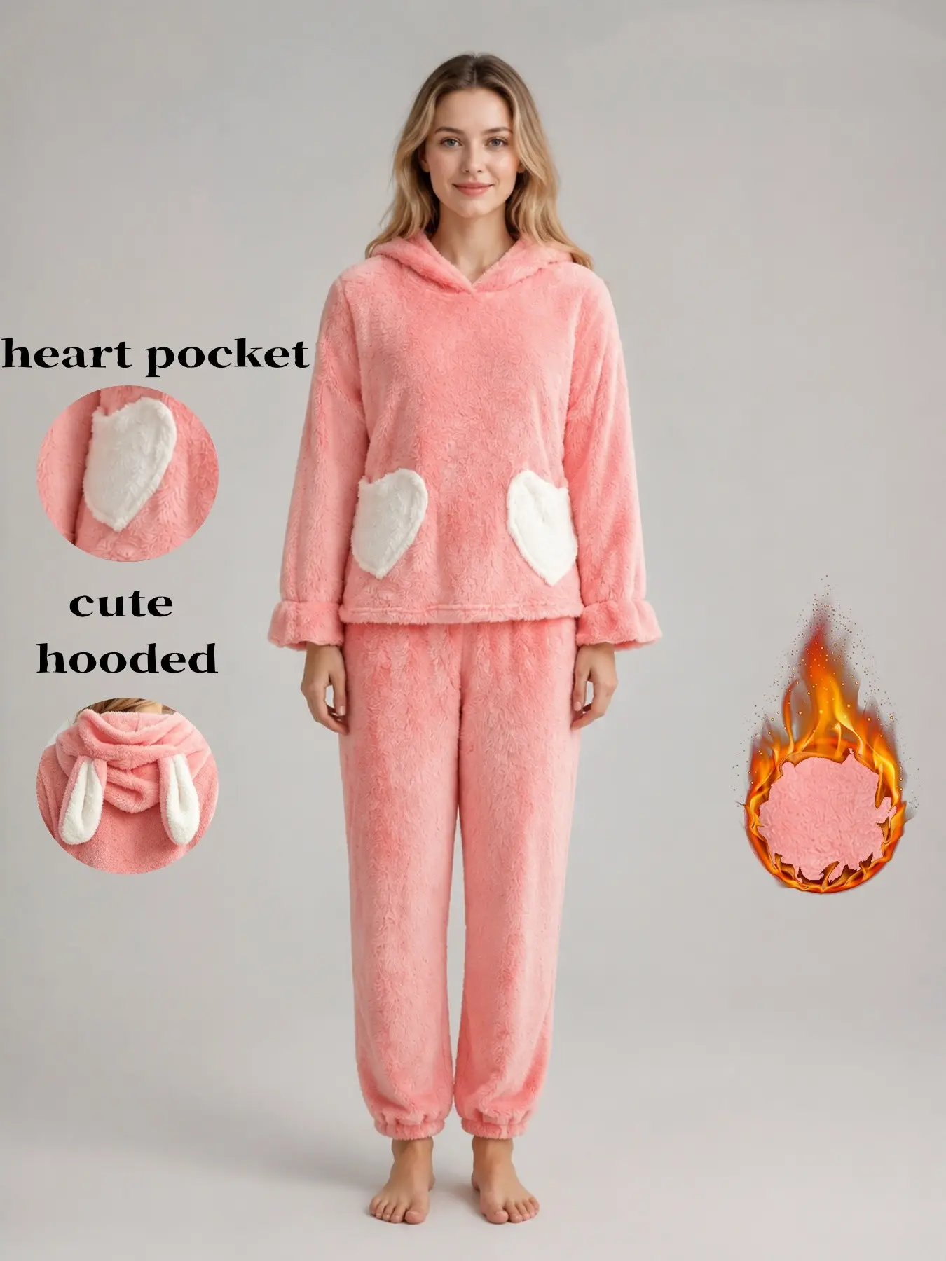 Cute Rabbit Ears Hooded Two-Piece Pajama Set, Cozy Polar Fleece, Heart Patch Pockets, Loose Fit, Warm Home Wear Loungewear for Fall Winter