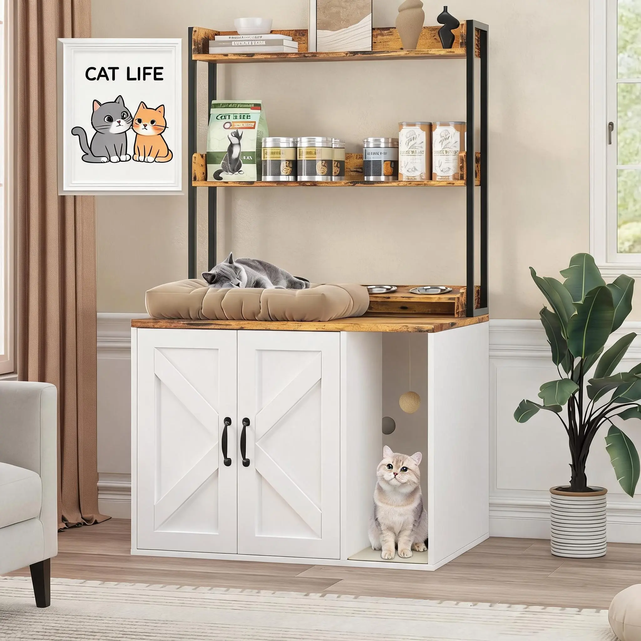 Cat Litter Box Furniture 55" – Hidden Enclosure with USB/AC Charging, Storage Shelves & Feeding Station – for Multi-Cat Homes