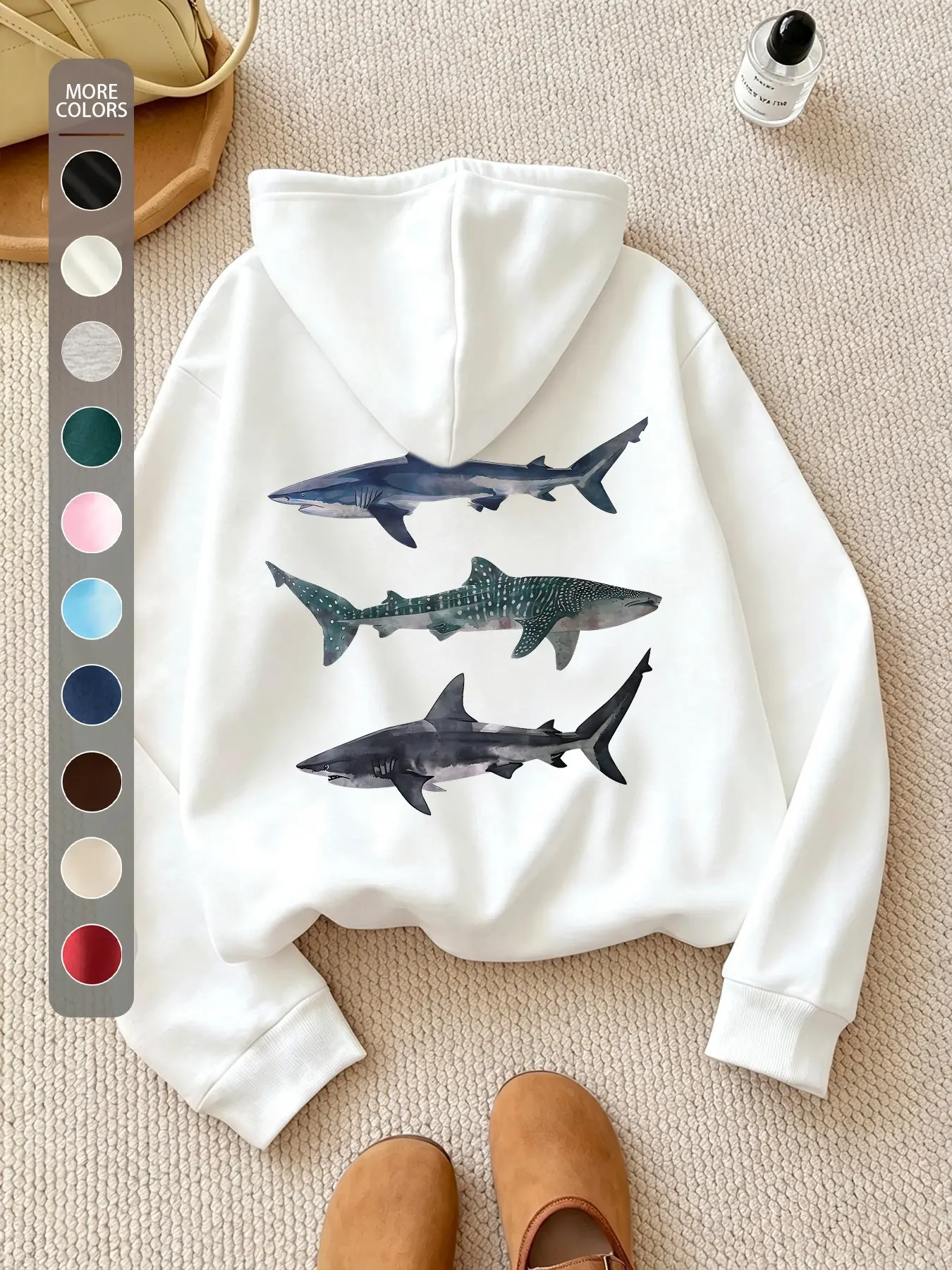 Artistic Watercolor Shark Print Hoodie, Back Three Vertical Sharks, Hand-Drawn Style, Comfortable Thick Fabric, Ocean Theme Design