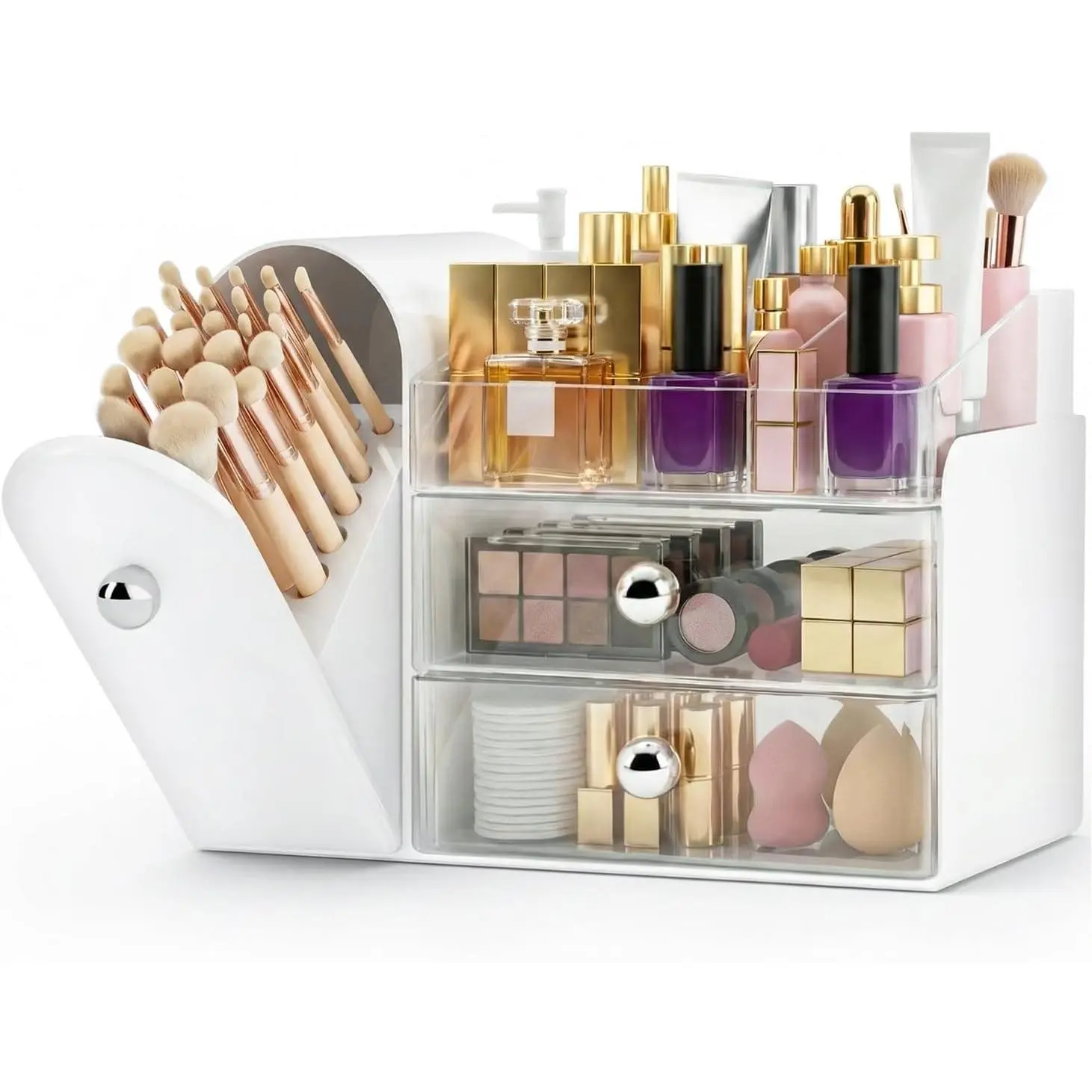 Makeup Organizer,Vanity Organizer with Makeup Brush Holder,Large Skincare Organizers with Drawers,Bathroom Countertop Organizer,Storage Lipstick,Perfume,Nail Polish,Beauty,Gifts for Woman