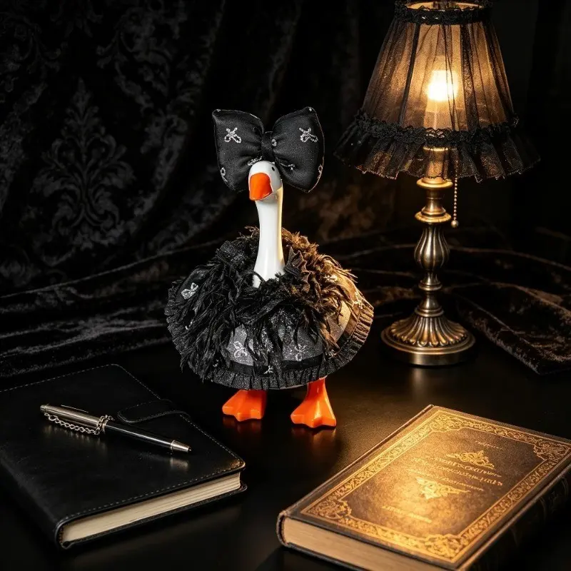 Velvet Princess Goose Costume, Fluffy Tutu with Large Bow, Cute Dark Theme, Perfect for Party, Halloween Decor, 7-Inch Goose Statue