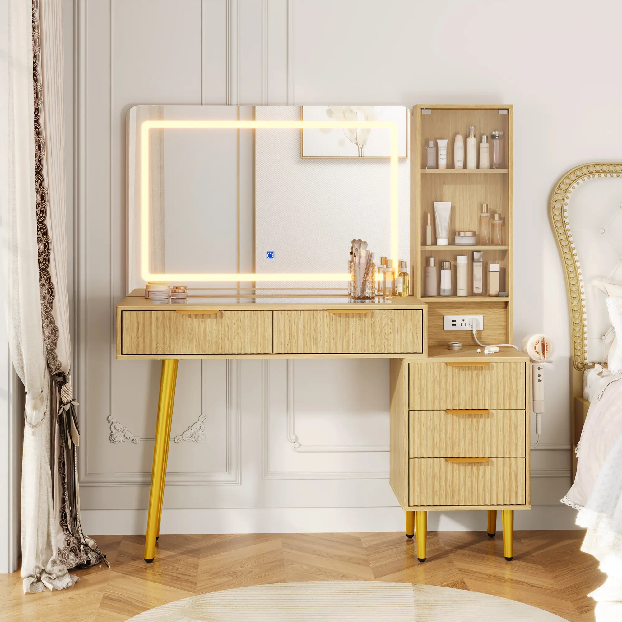 Modern Makeup Dresser Vanity with Mirror - Fluted Design, Large Glass Top, HD Lighted Mirror, 5 Drawers, 3-Tier Shelves with Charging Station, Adjustable, Hair Dryer Holder, Spacious Storage for Bedroom