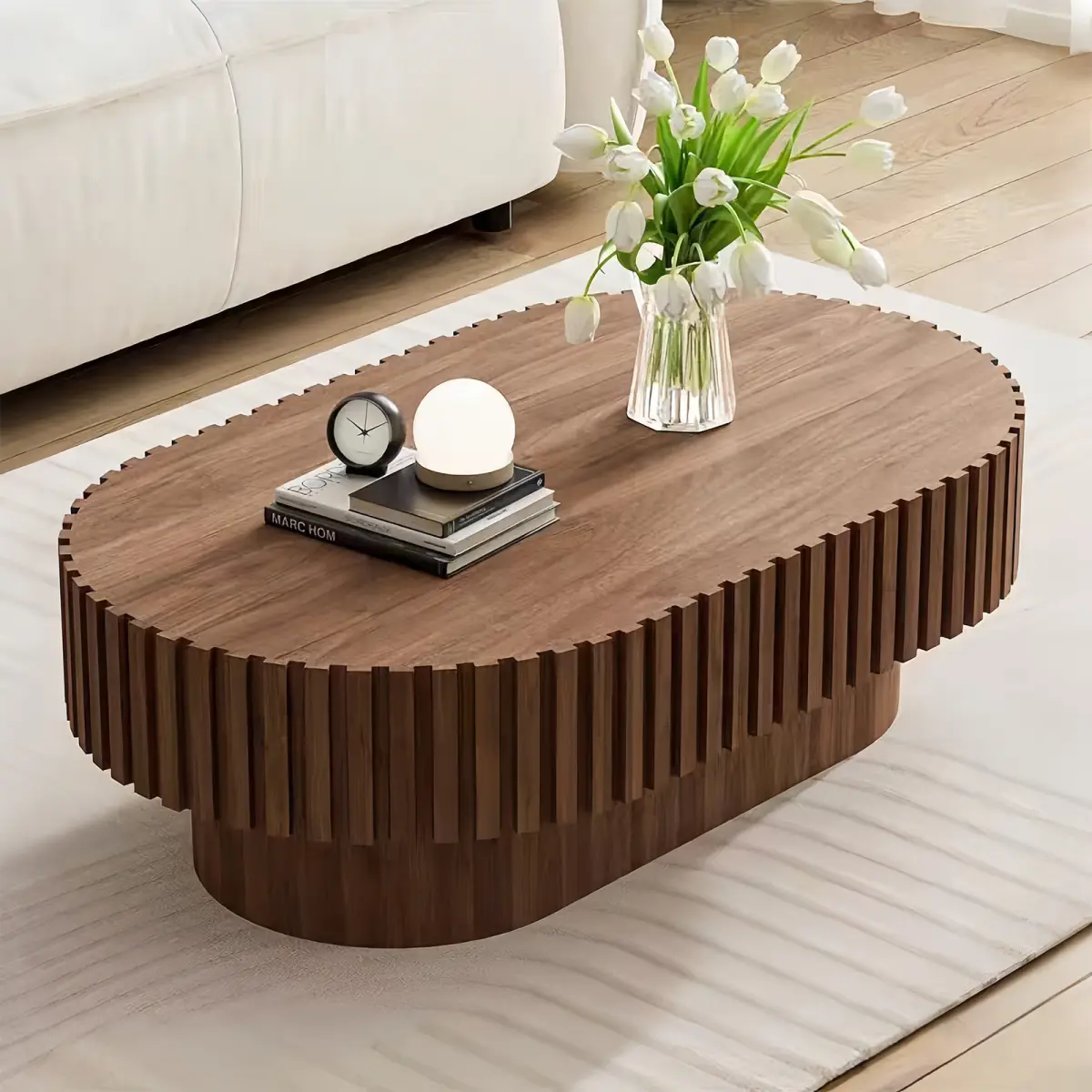  [Bellemave] 43.1" Oval Coffee Table,Mid Century Modern Fluted Coffee Table with Pedestal, Classic Wood Coffee Table for Living Room, Bedroom, Apartment, Office, Small Space