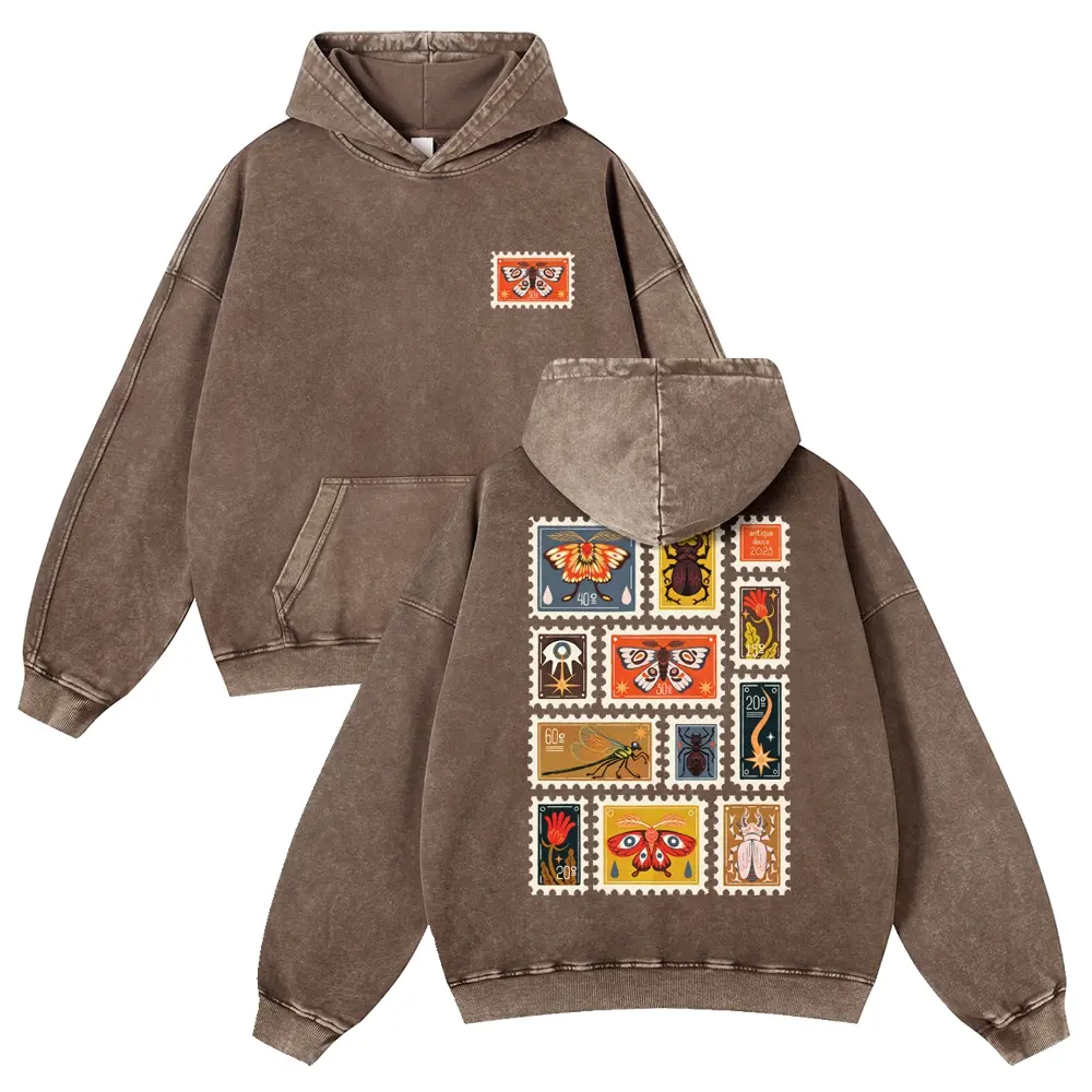 Unisex Vintage Insect Stamp Print 380g Washed Brown Pullover Hoodie - Soft Fabric Fashion Apparel Autumn Graphic Sweatshirt, Jeans, Long Sleeve, Menswear, Casual, Oversize, Cotton, Graphic Hoodies