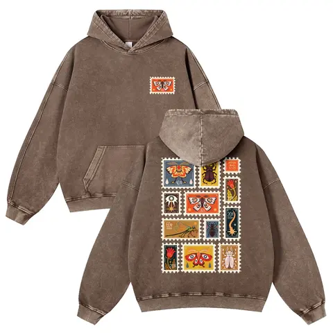 Unisex Thick 380g Washed Brown Vintage Insect Stamp Print Cotton Fabric Pullover Hoodie - Oversize, Casual Longsleeve Tops, Mens Clothing, 3XL Autumn Apparel, Cold Wash Compatible