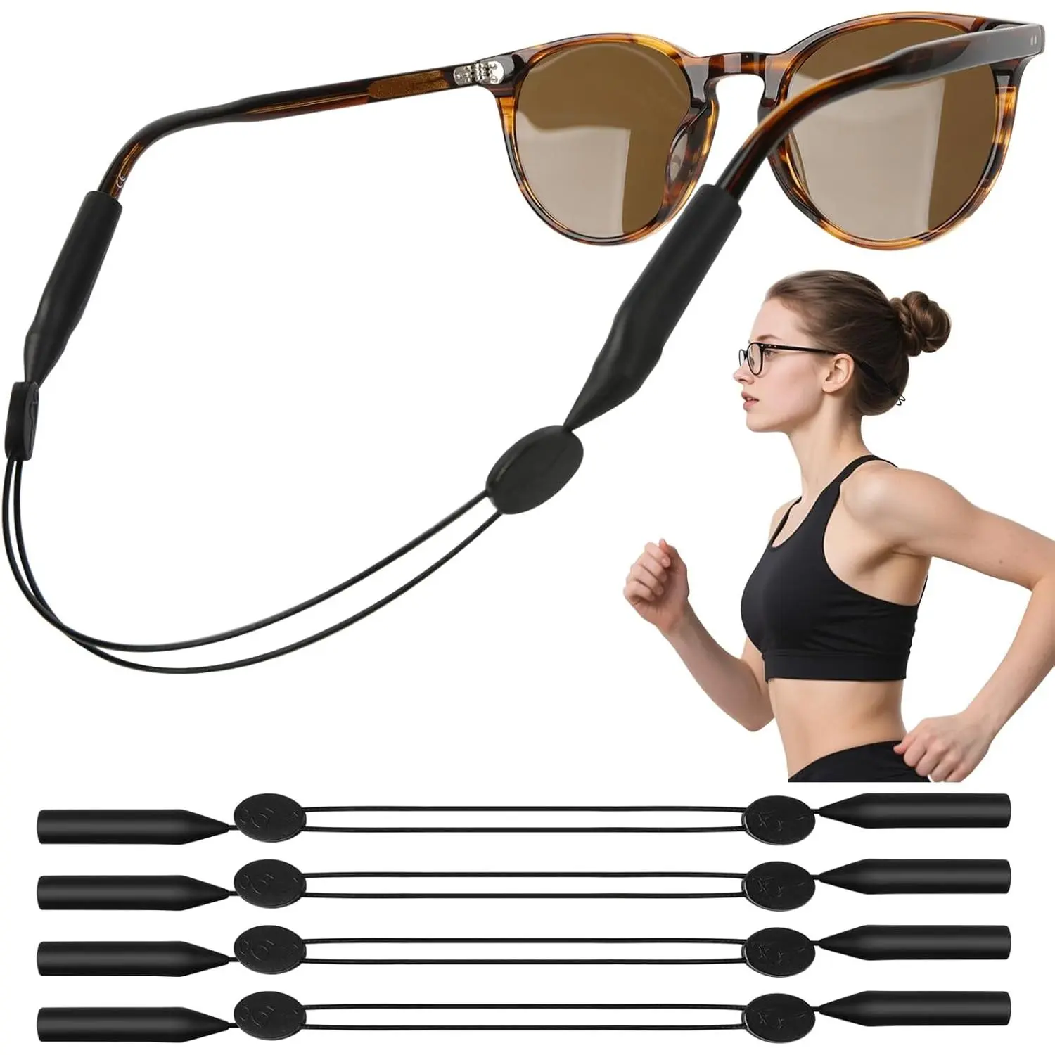 Discreet Silicone Eyeglass Straps, 4 Pack No-Tail Adjustable Retainers with Anti-Slip Glasses Grips for Men and Women, Sports & Gym Workouts, Gym Bag