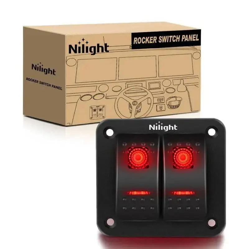 Nilight 2-Gang 5-Pin Aluminum ON/OFF Rocker LED Light Switch Panel, 12V/24V Red LED Control Switch for Home Improvement Electrical Equipment with Night Glow Sticker